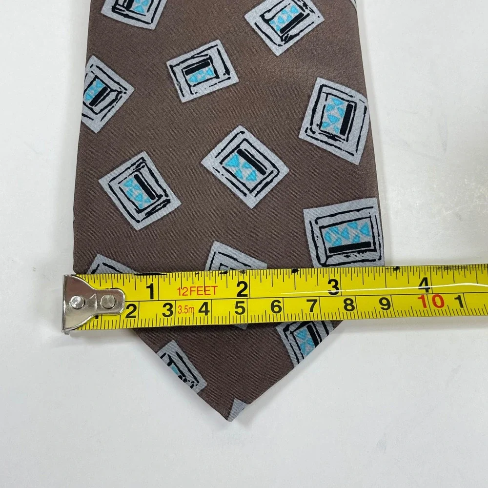 Vintage Oakton Ltd Silk Necktie Tie Mens Brown Geometric Abstract 80s New Wave